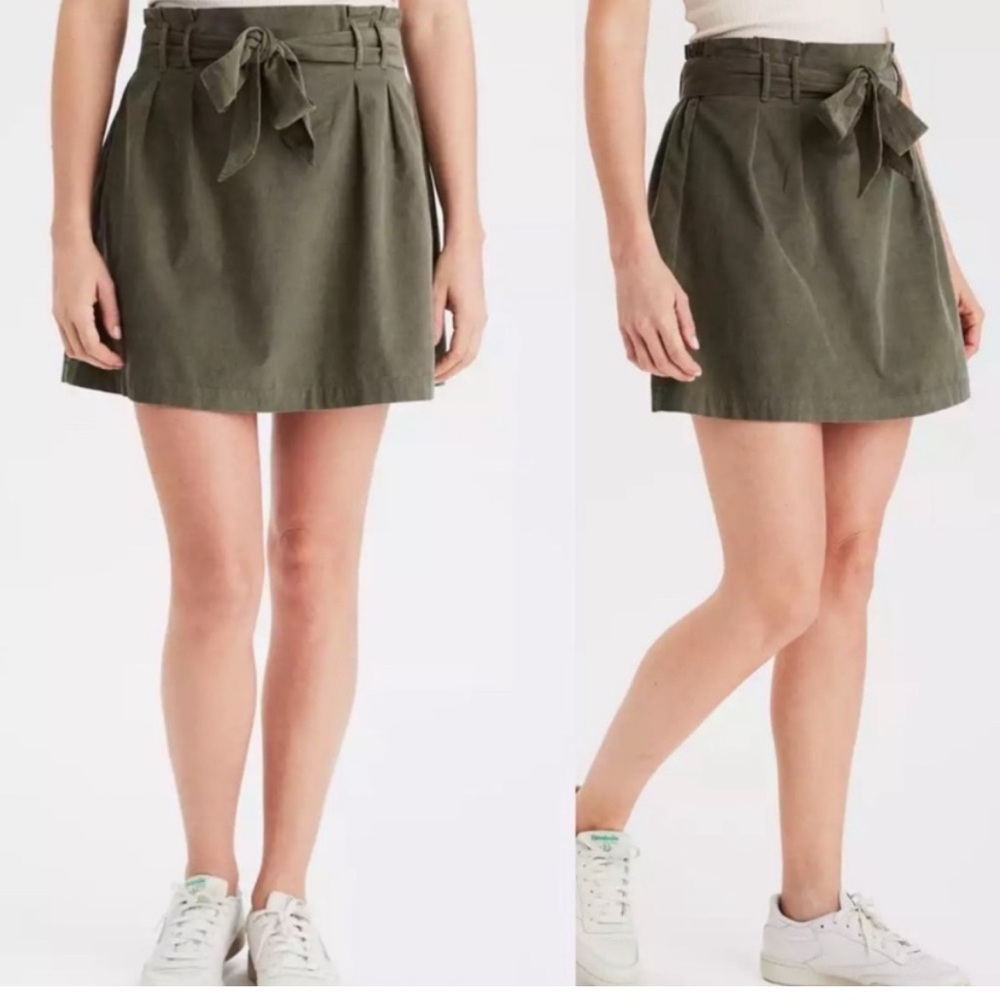 NWT American Eagle High-Waisted Corduroy Army Green Utility Fall Belted Skirt 14
